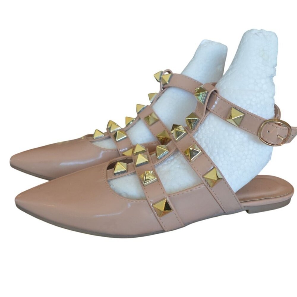 Nicole Miller New York Patent Leather Blush Tan Studded Mules Women's Size 7.5